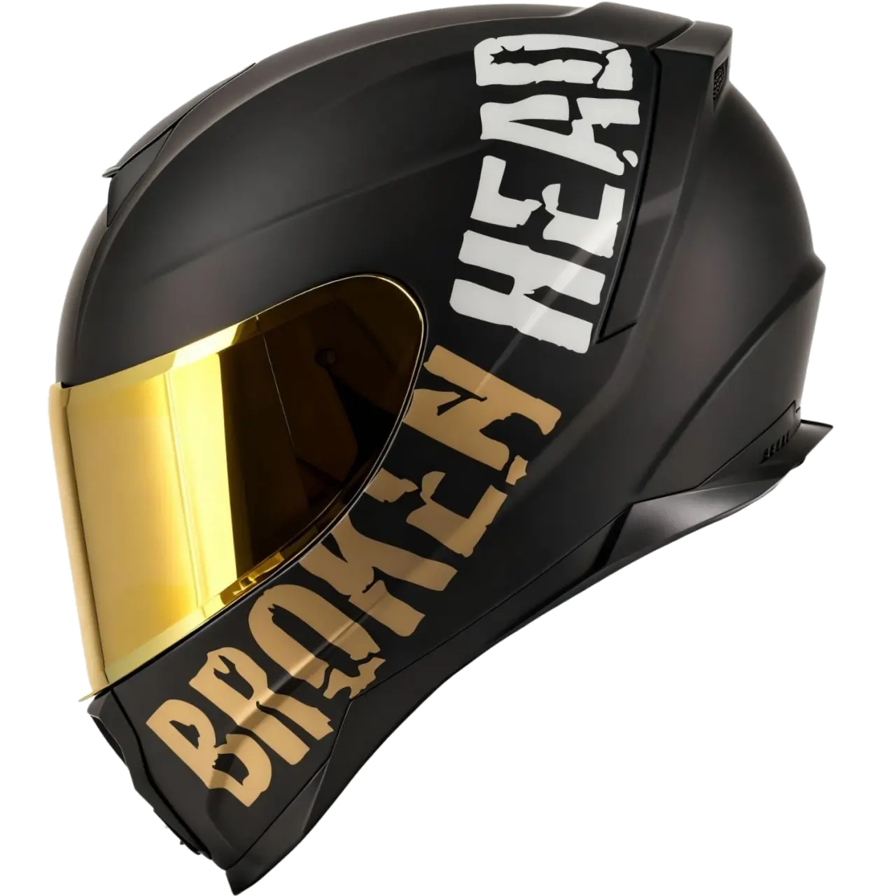 Schwarzer Broken Head BeProud Motorradhelm mit goldfarbenem Visier und Warentest-Online-Siegel 1,1