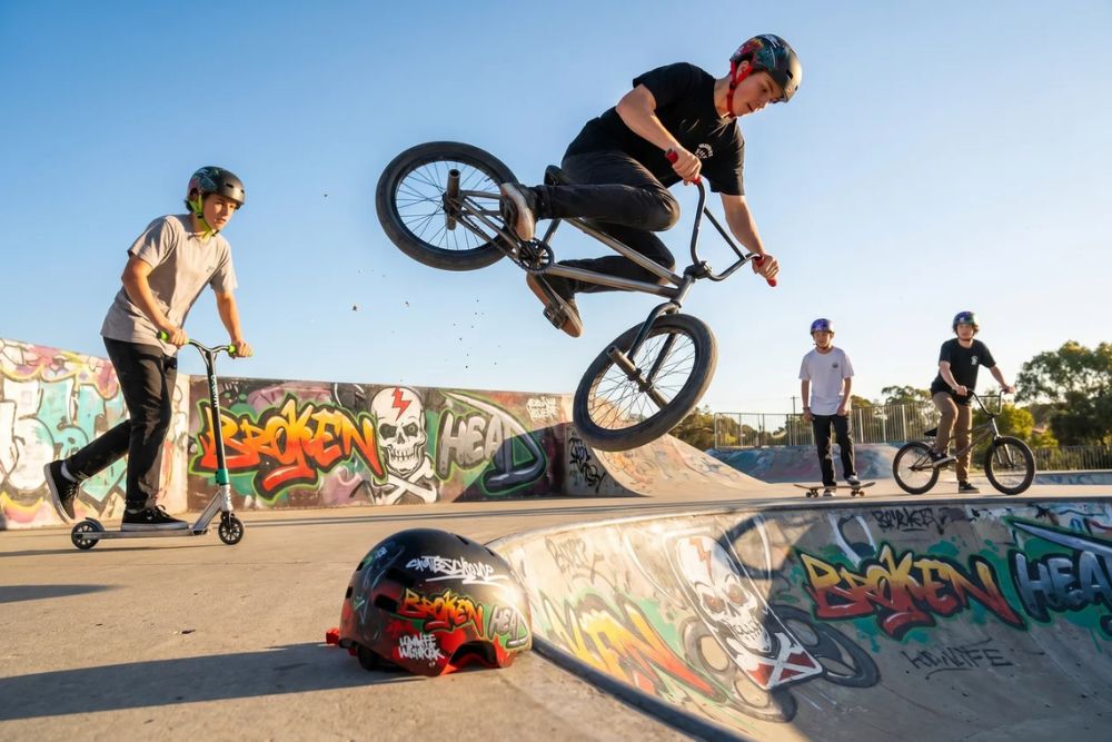 Fahrer mit Broken Head Fahrrad- und Skatehelmen im Skatepark